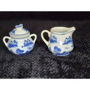 Vintage Canton Chinoiserie Cream & Sugar Set with Butterfly Lid – Blue and White